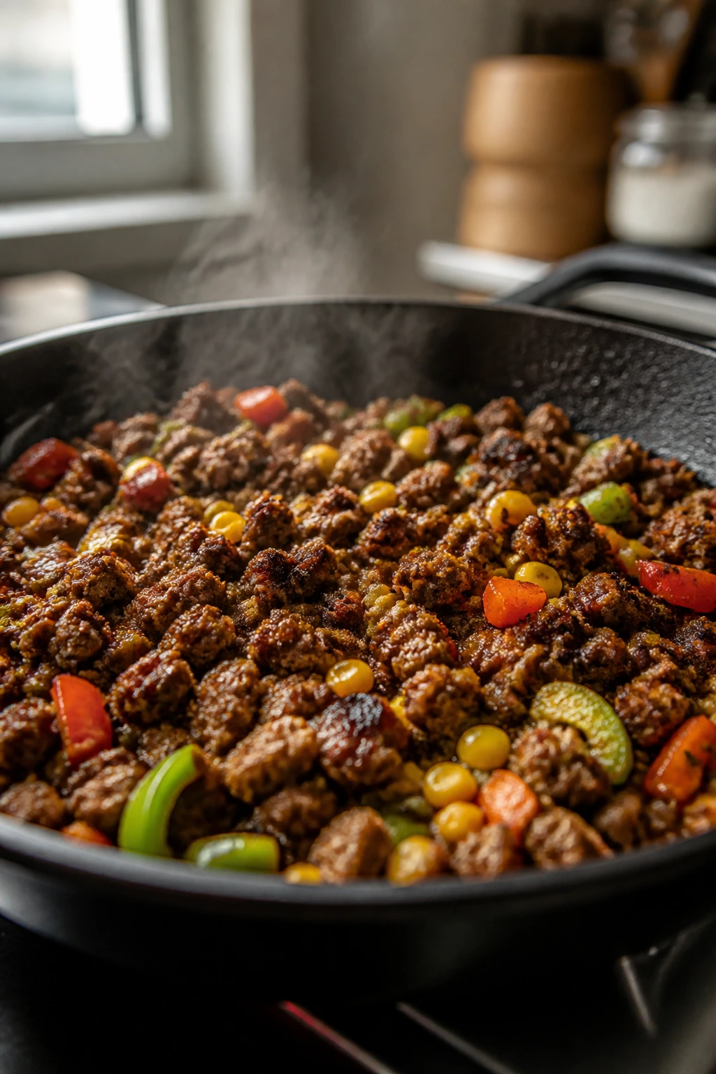Sizzling ground beef browning in a skillet