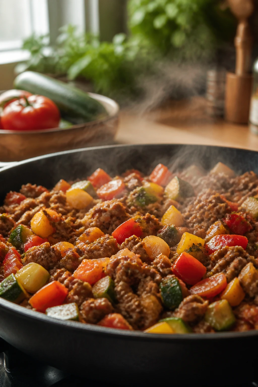 Sizzling ground beef with summer vegetables in a skillet