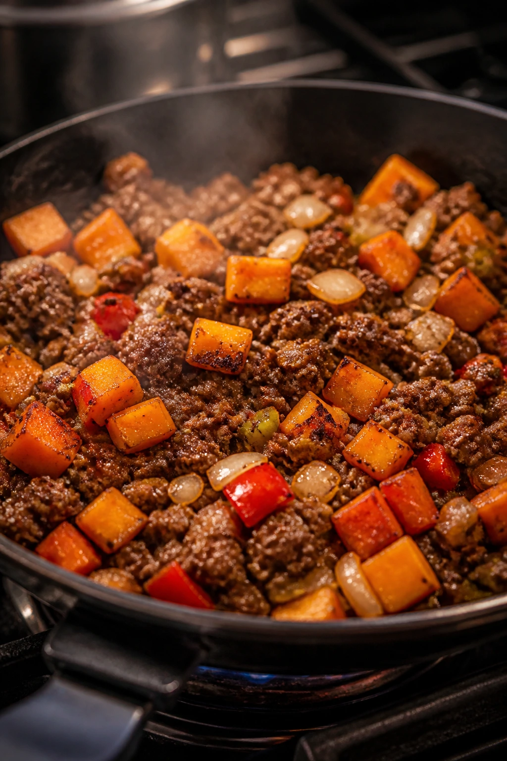 Beef and sweet potato skillet cooking on stovetop