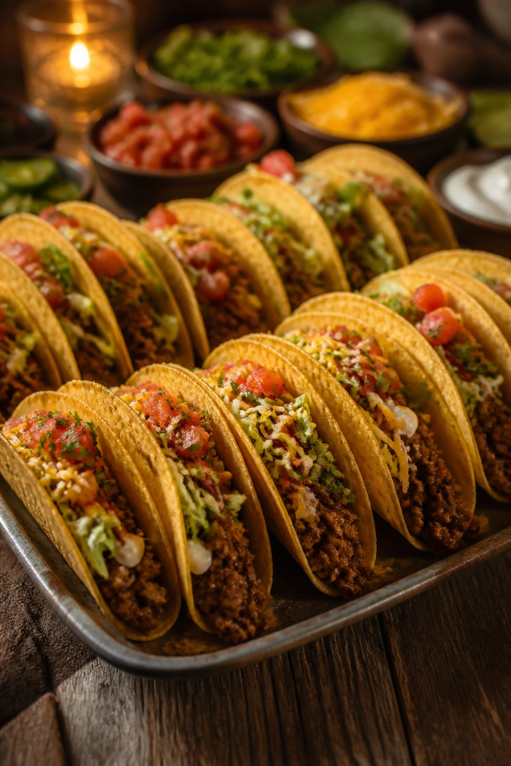 Platter of ground beef tacos on a rustic table for a big table