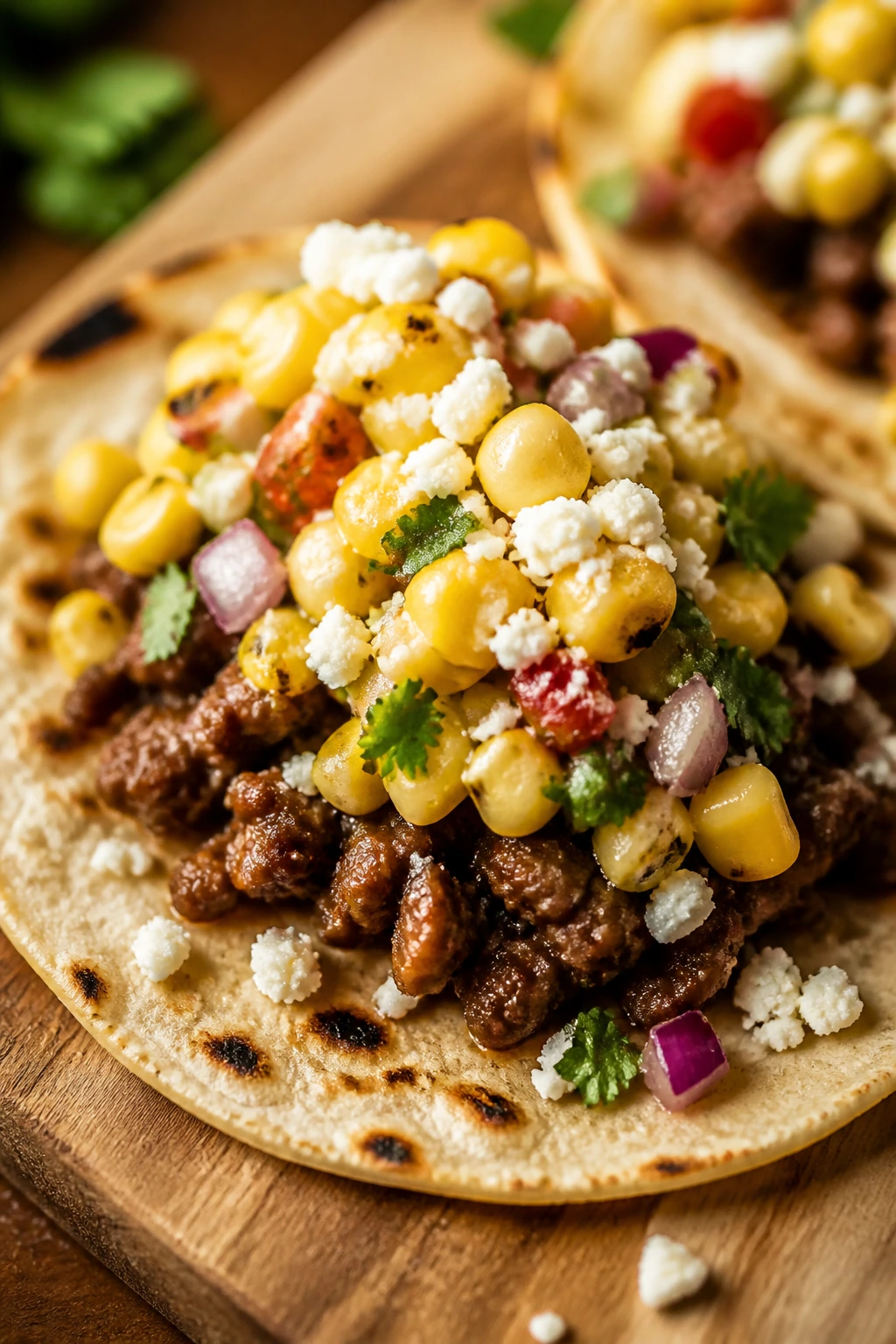 Beef taco with corn salsa and cotija on wooden board