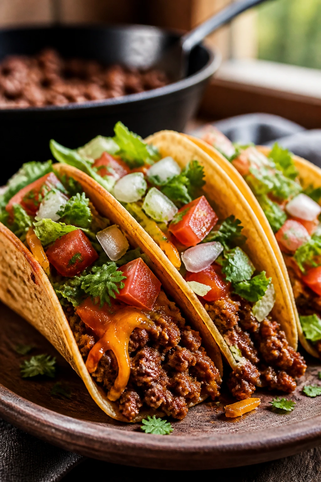 Close-up of two loaded ground beef tacos on a rustic plate in a warm kitchen