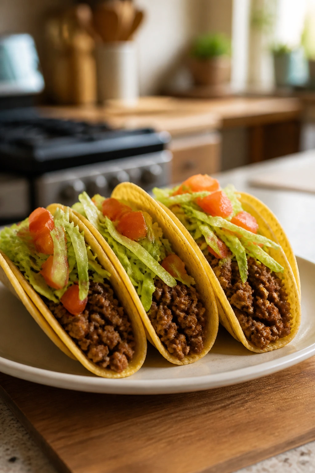 Tacos with ground beef, lettuce, and tomato toppings on a plate