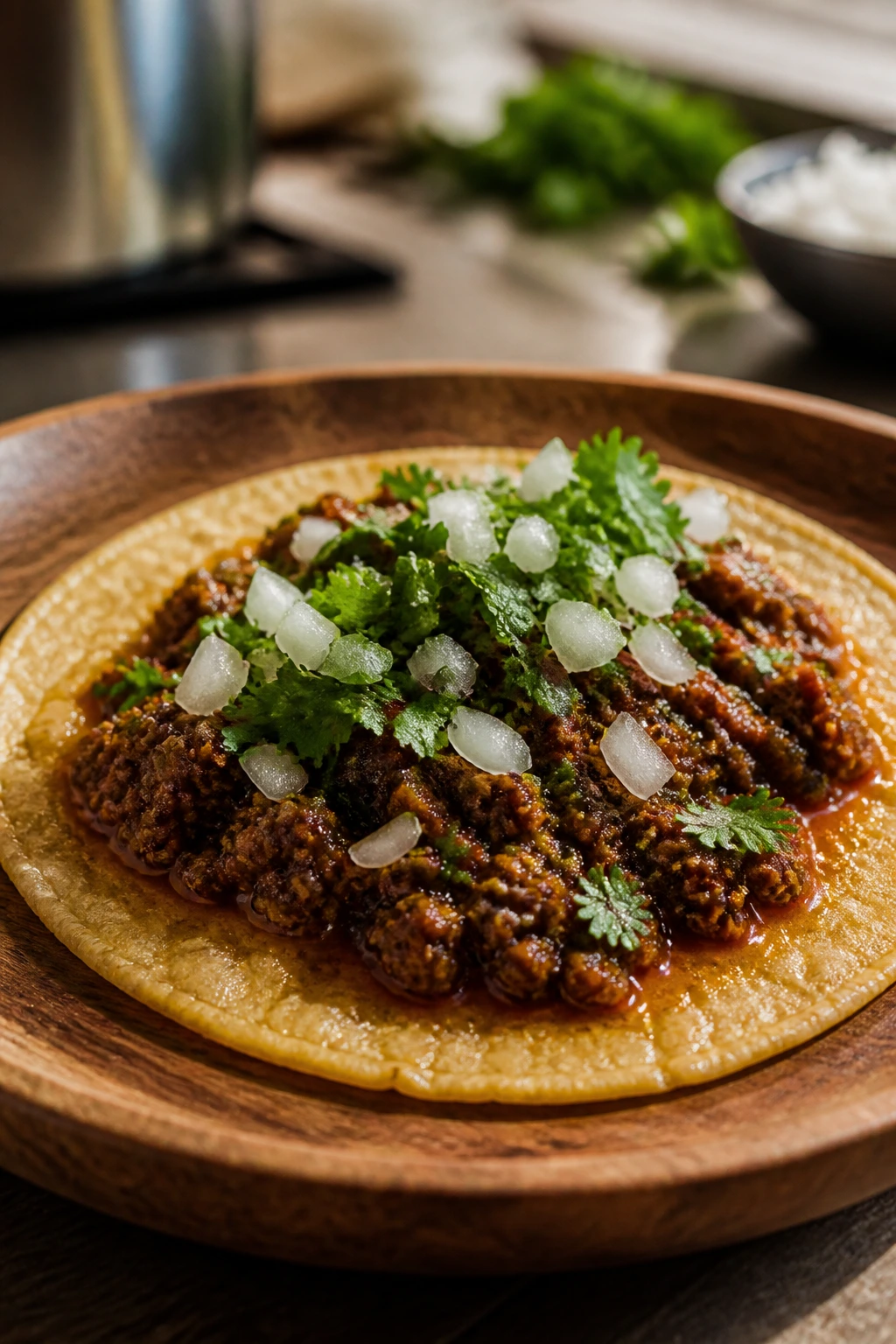 Close-up of a classic ground beef street taco with onion and cilantro on a warm tortilla