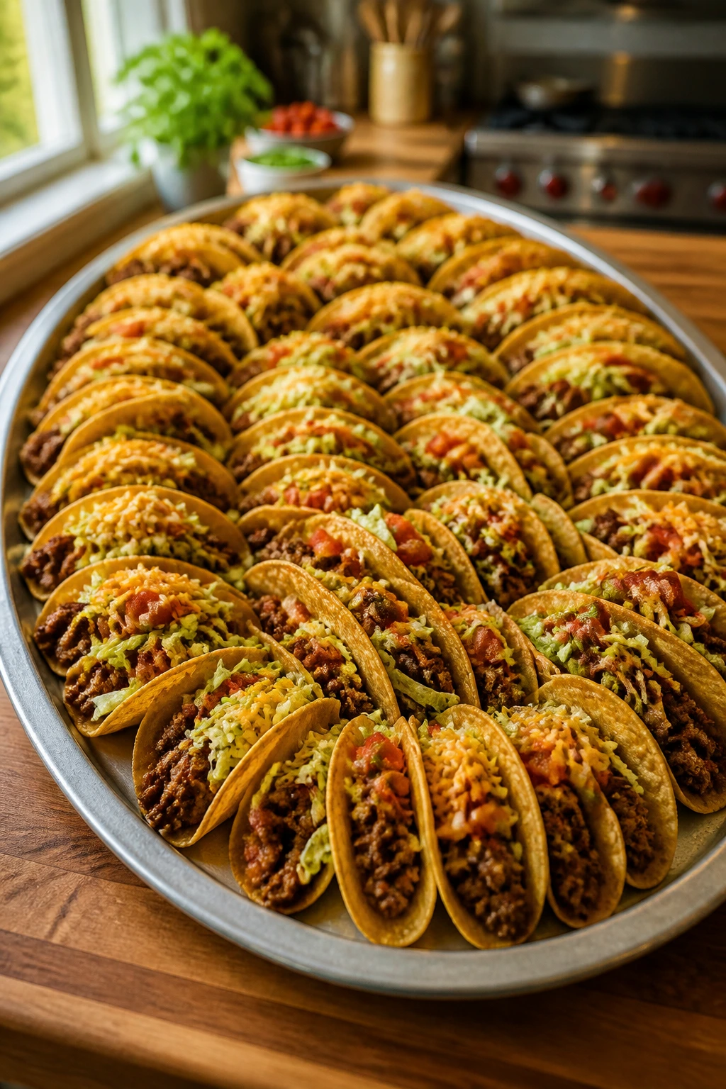 Large tray of ground beef tacos on a wooden counter in a warm kitchen, ready to feed a crowd