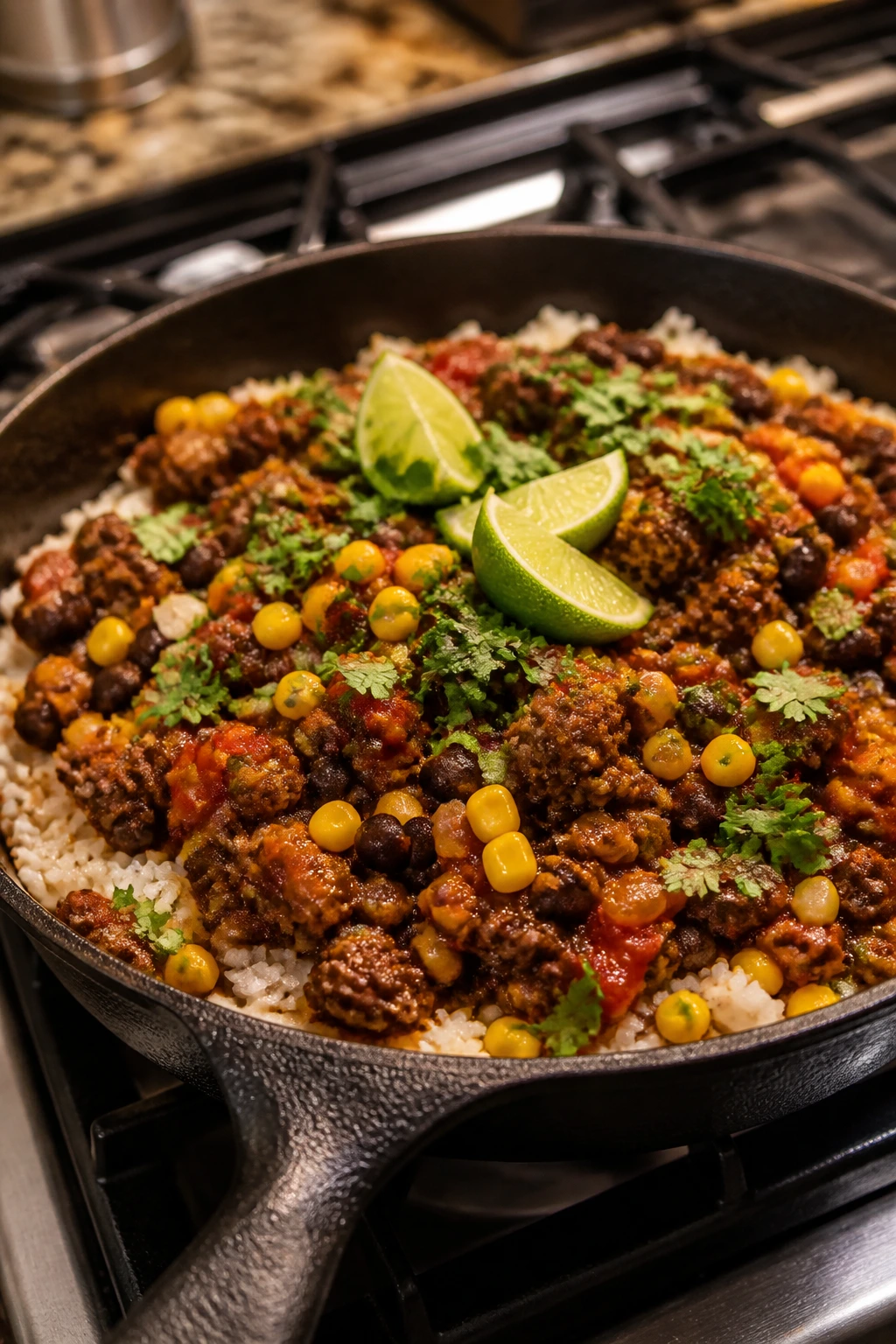 Close-up of Tex-Mex style ground beef skillet with beans and corn