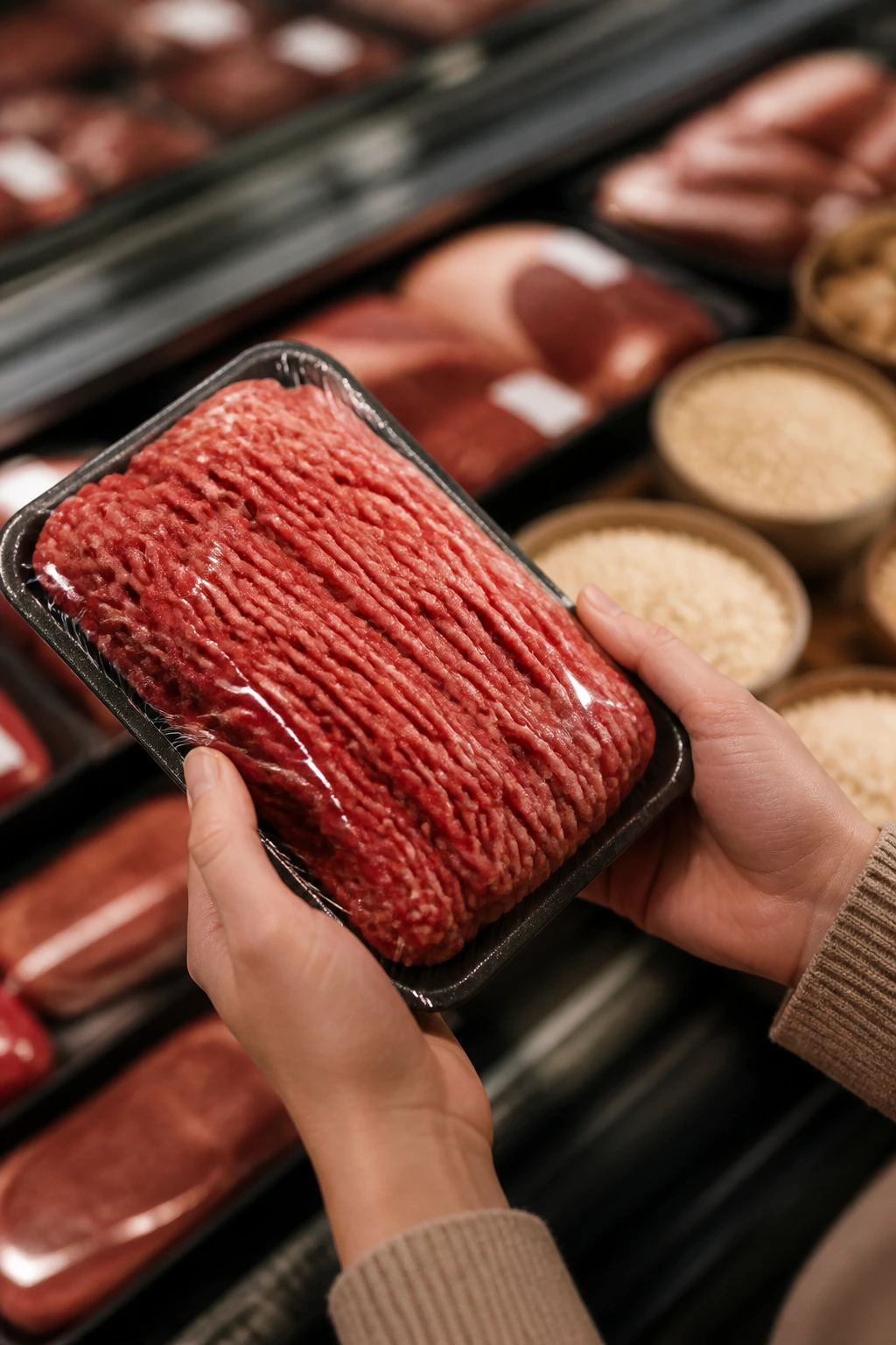 Hands holding 85/15 ground beef at a grocery store with binder ingredients in the background