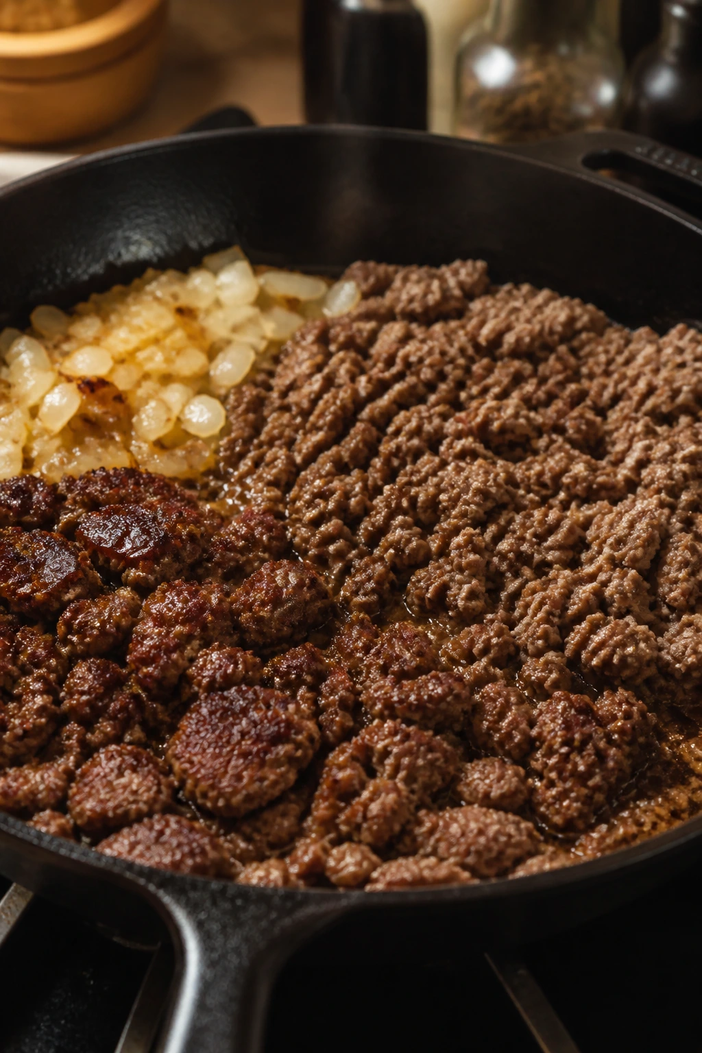 Skillet with browned and soft ground beef crumbles and onions in a warm kitchen.