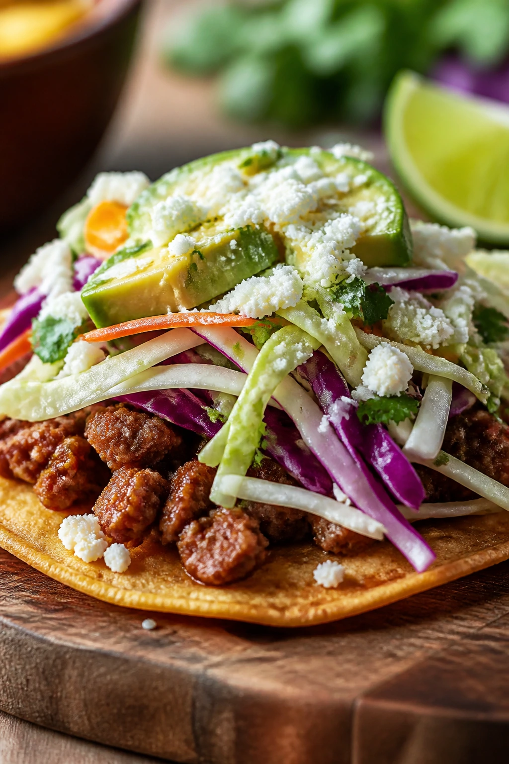 Close-up of a loaded ground beef tostada with lime slaw and avocado on a wooden board