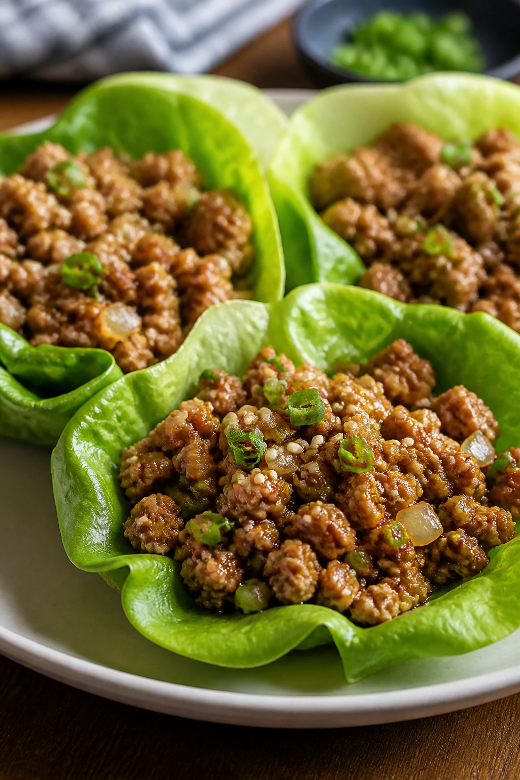 Ground chicken lettuce cups filled with seasoned filling