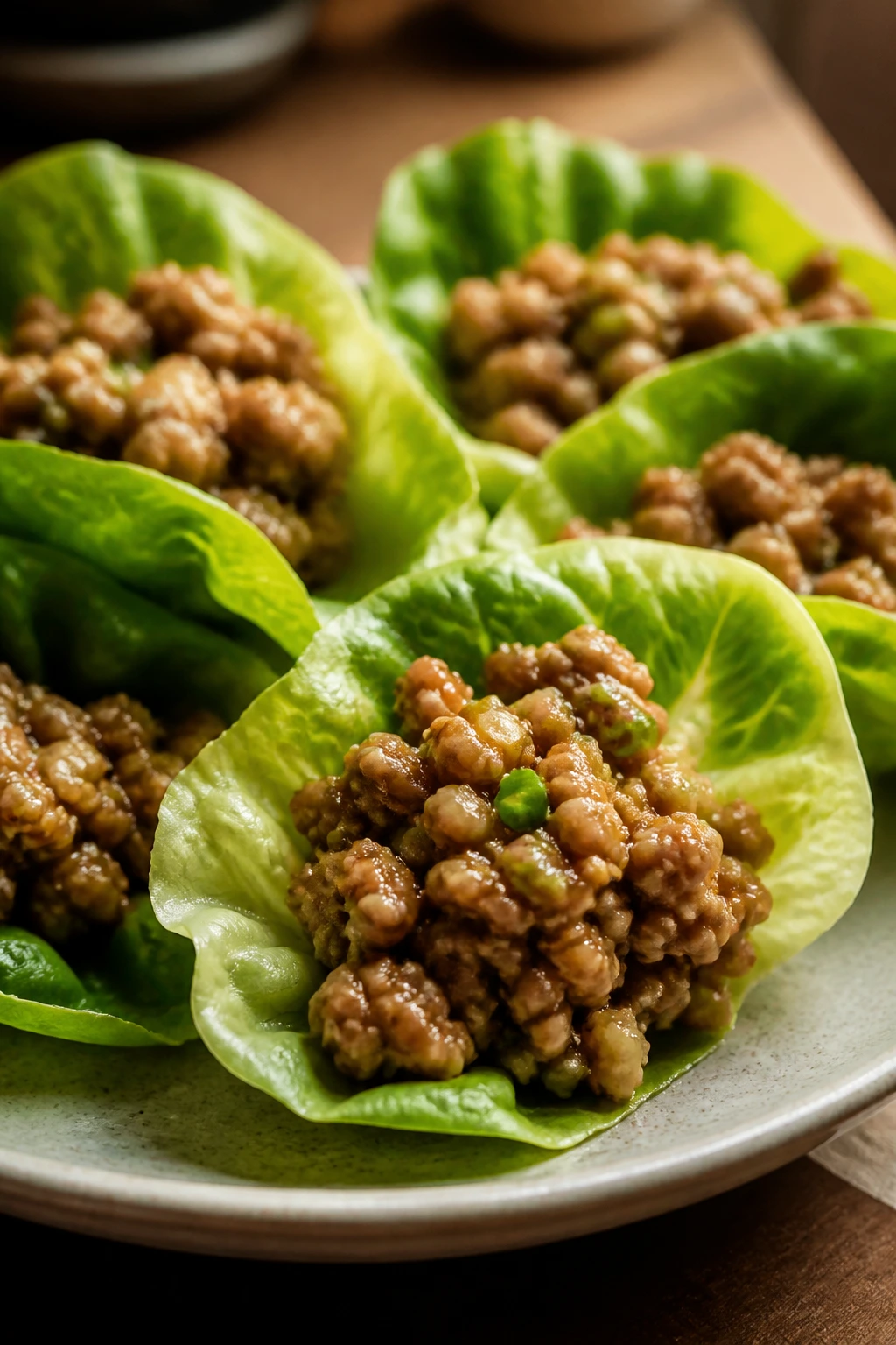 Lettuce wraps filled with ground chicken on plate