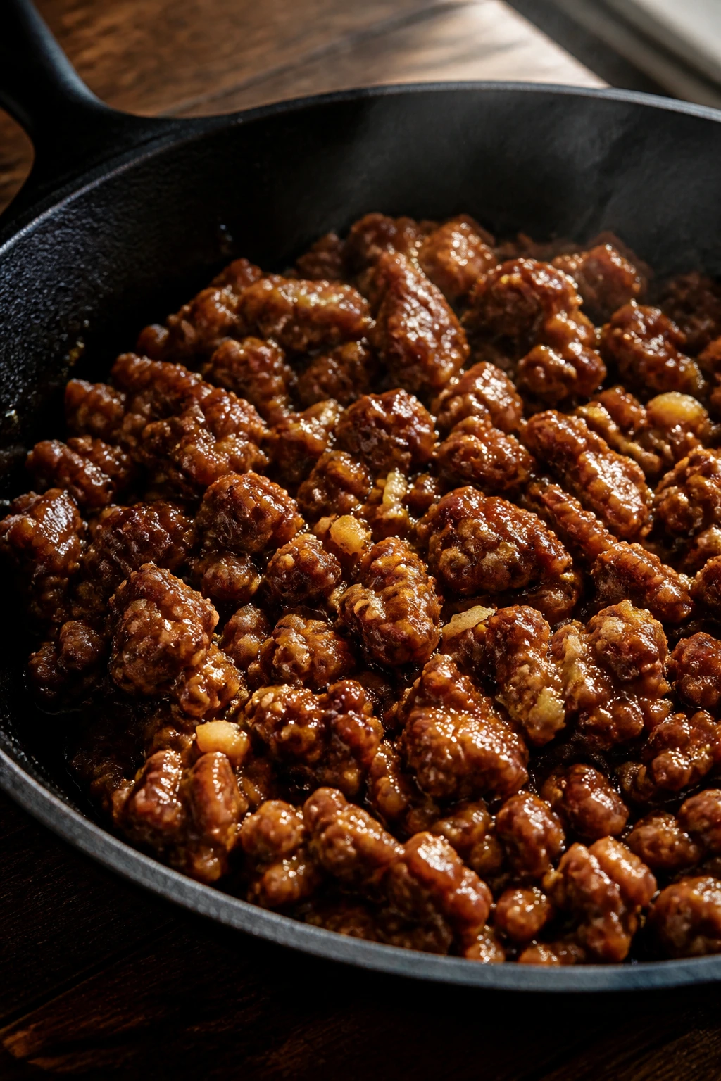 Close-up of glossy brown sugar-glazed ground pork in skillet with garlic and ginger