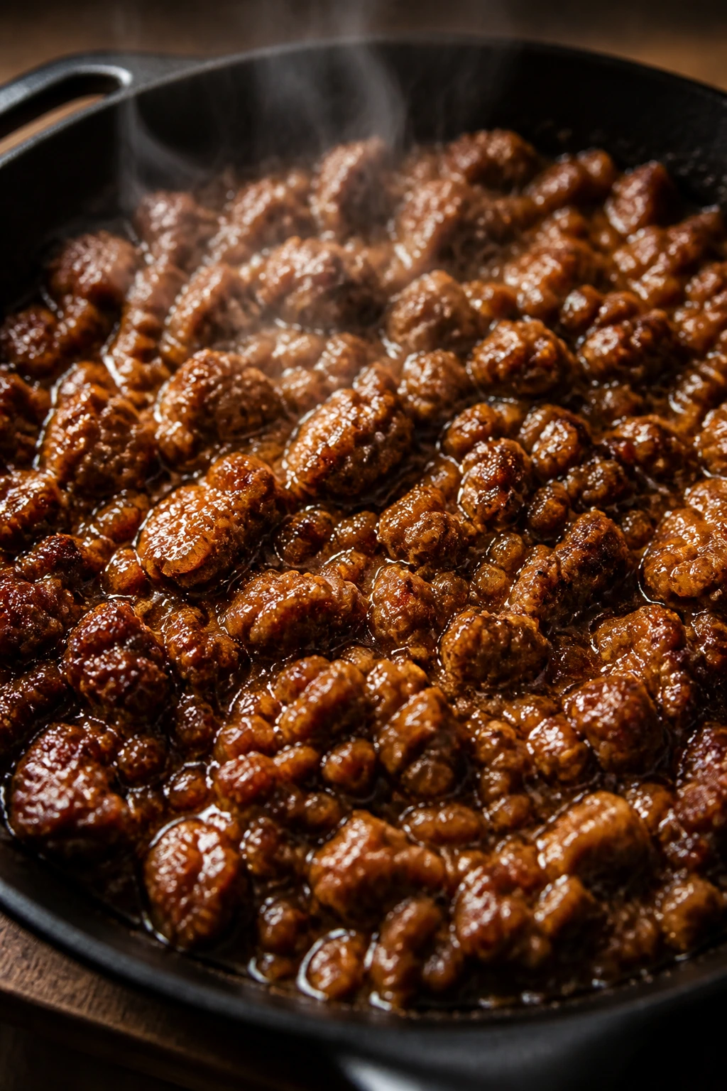 Close-up of glossy brown sugar glazed ground pork in a skillet.