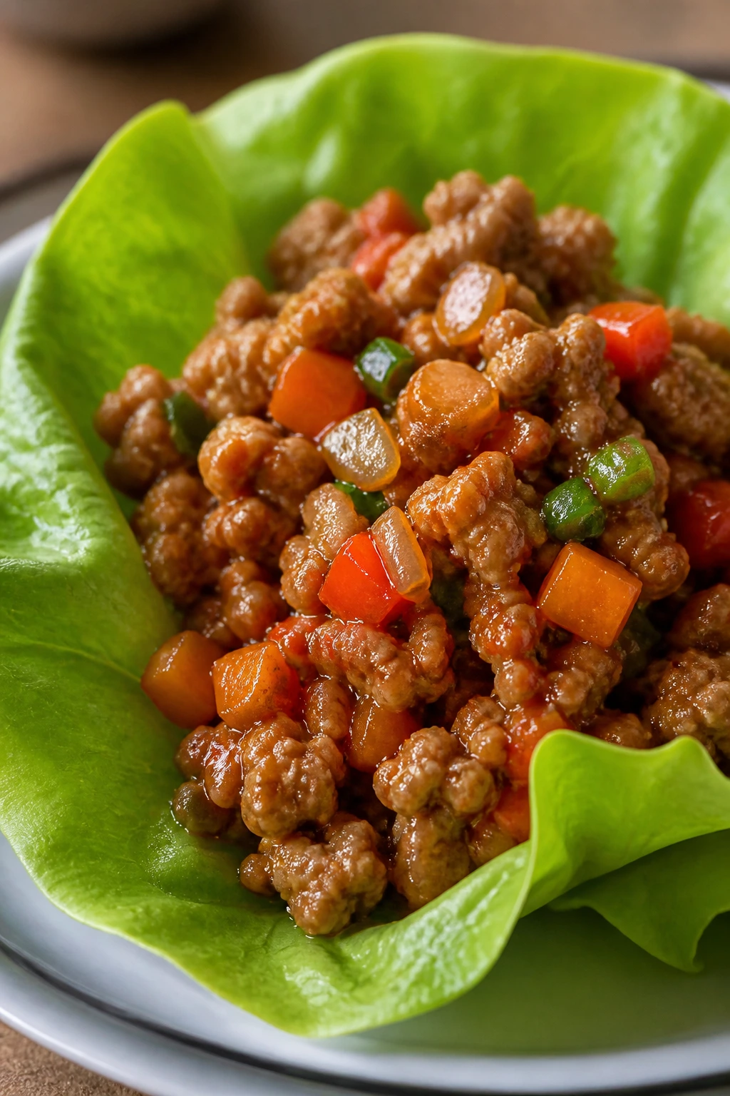 Lettuce wrap with ground pork filling on plate