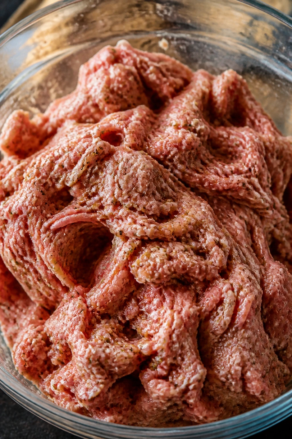 Sticky ground pork in a bowl with visible herb flecks ready to be mixed
