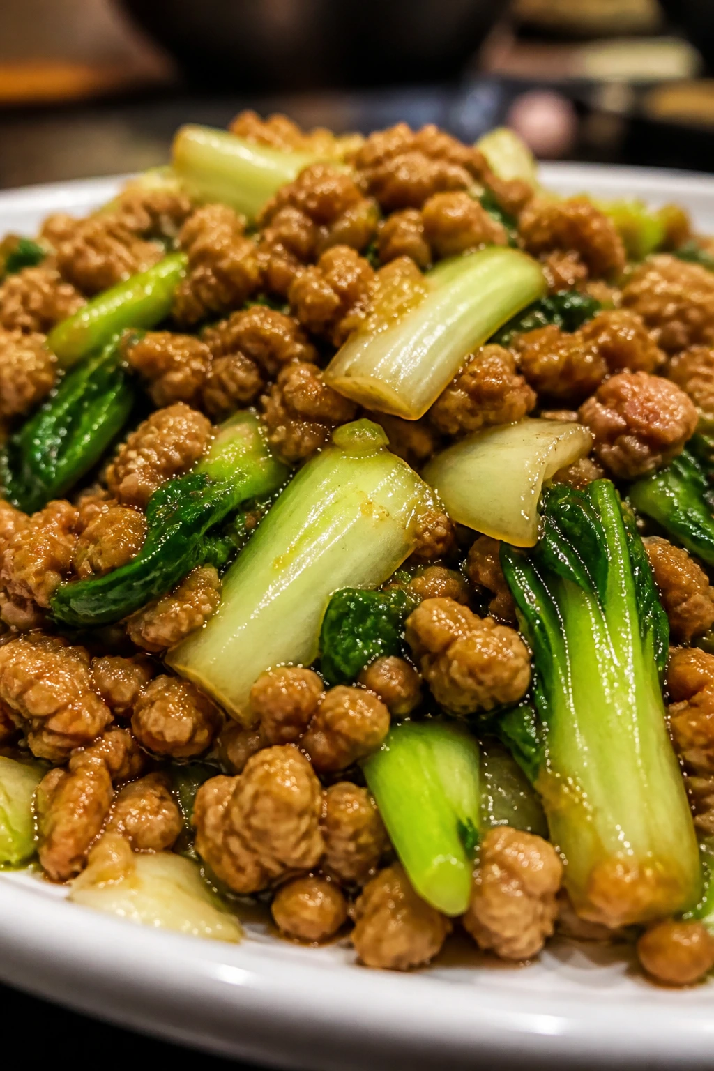 Close-up of ground turkey and bok choy in sauce
