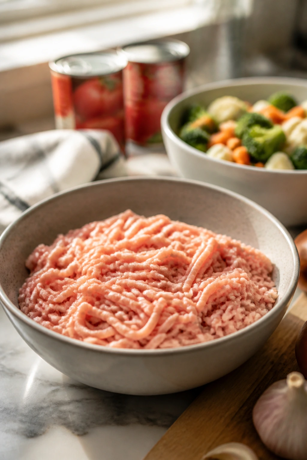 Close-up of ground turkey with hint of tomatoes and frozen vegetables.