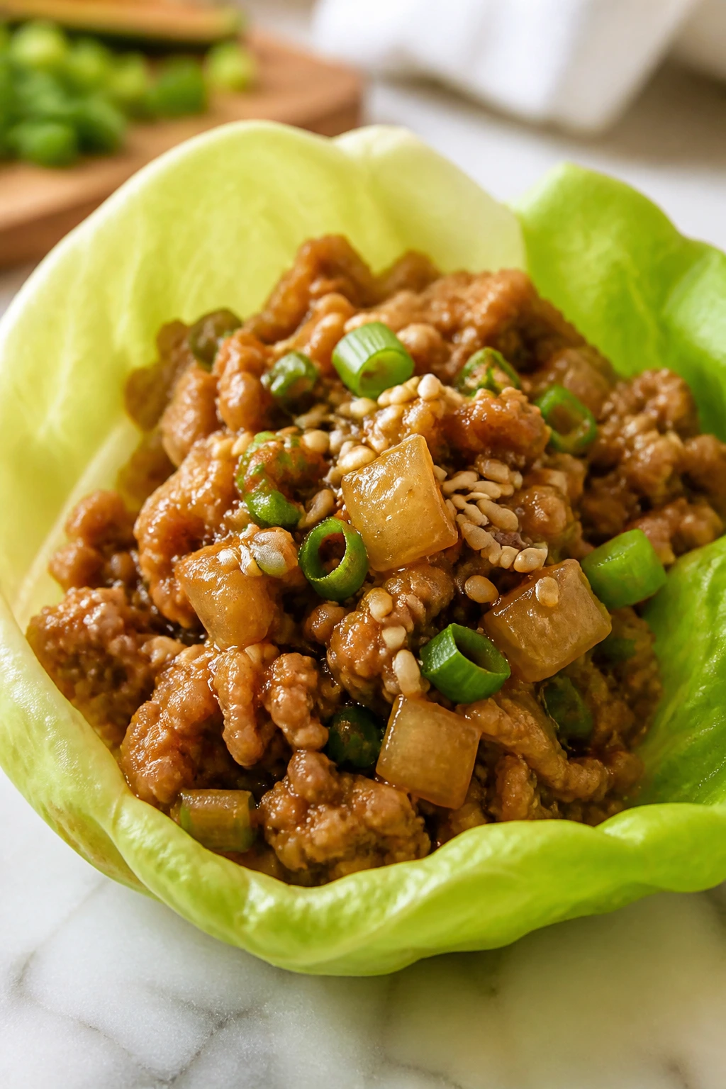 Lettuce wrap with ground turkey filling and sesame seeds on top in a bright kitchen.