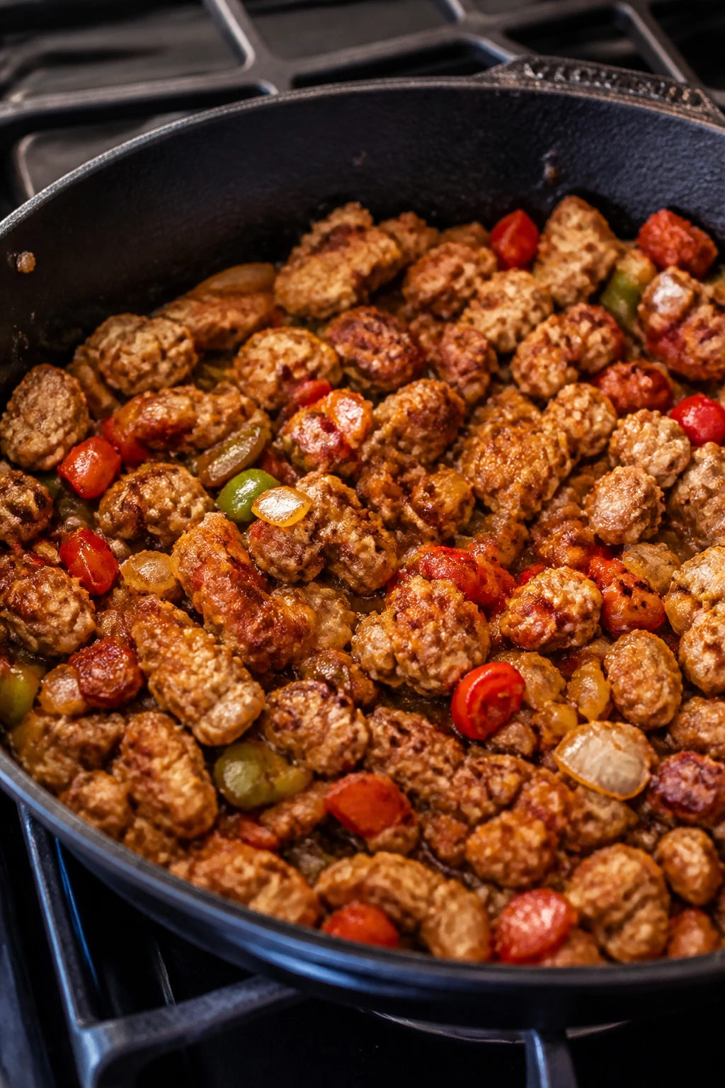 Cast-iron pan with browned ground turkey and vegetables on stove
