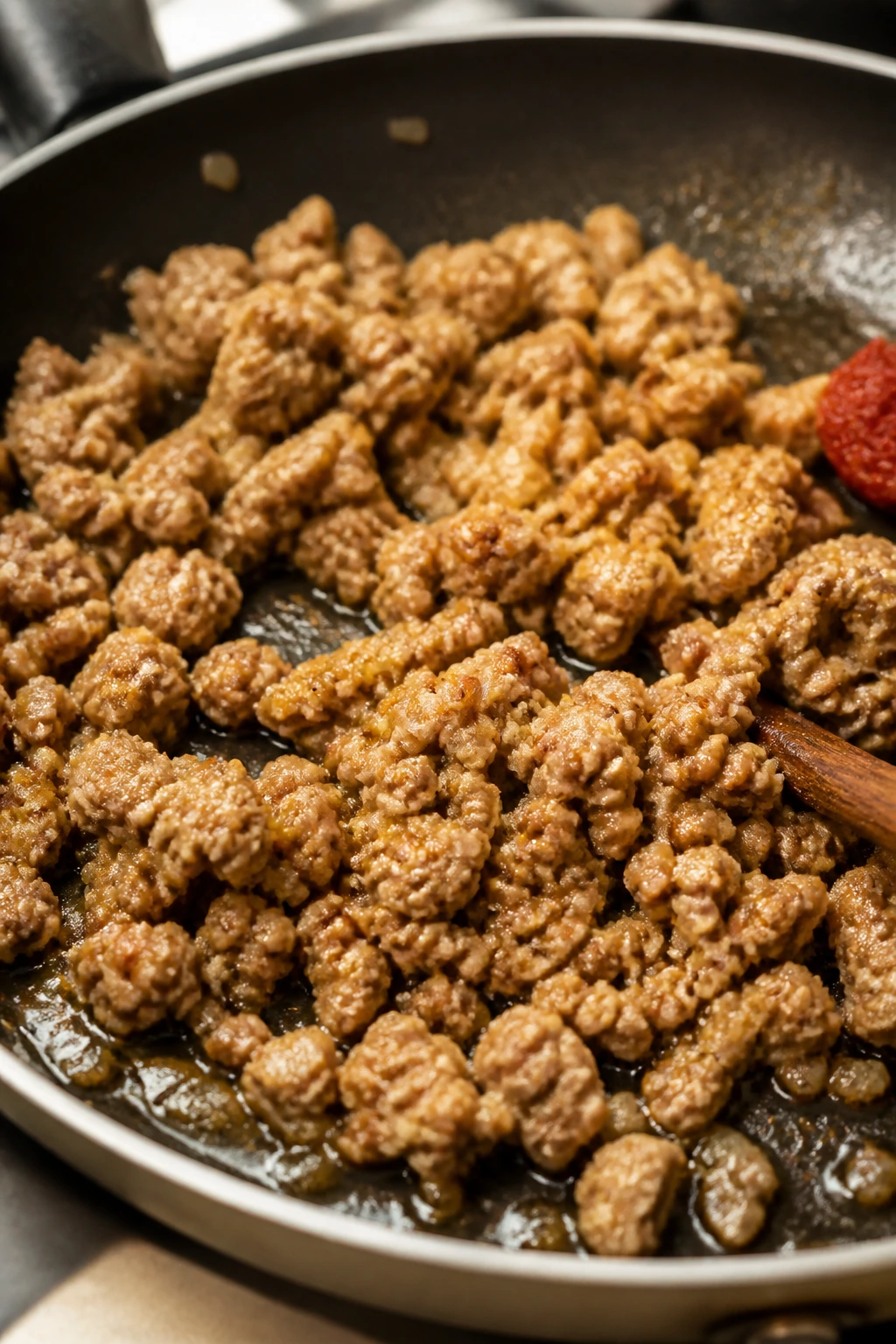 Close-up of browning ground turkey in a skillet with onion and garlic in a warm kitchen