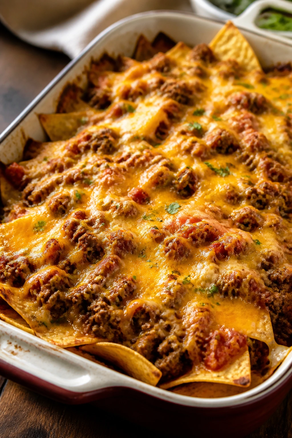 Close-up of ground turkey nacho bake in a baking dish with chips and melted cheese.