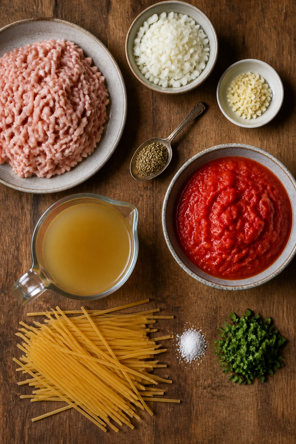 Key ingredients for the dish: turkey, onion, garlic, tomatoes, broth, spaghetti, basil