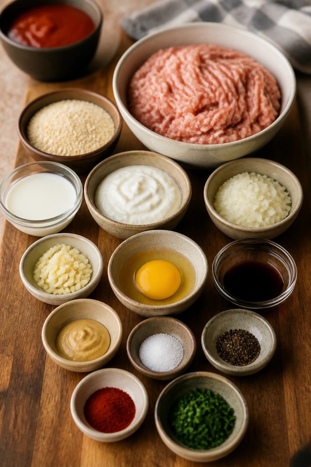 Top-down view of measured ingredients for mini turkey meatloaves