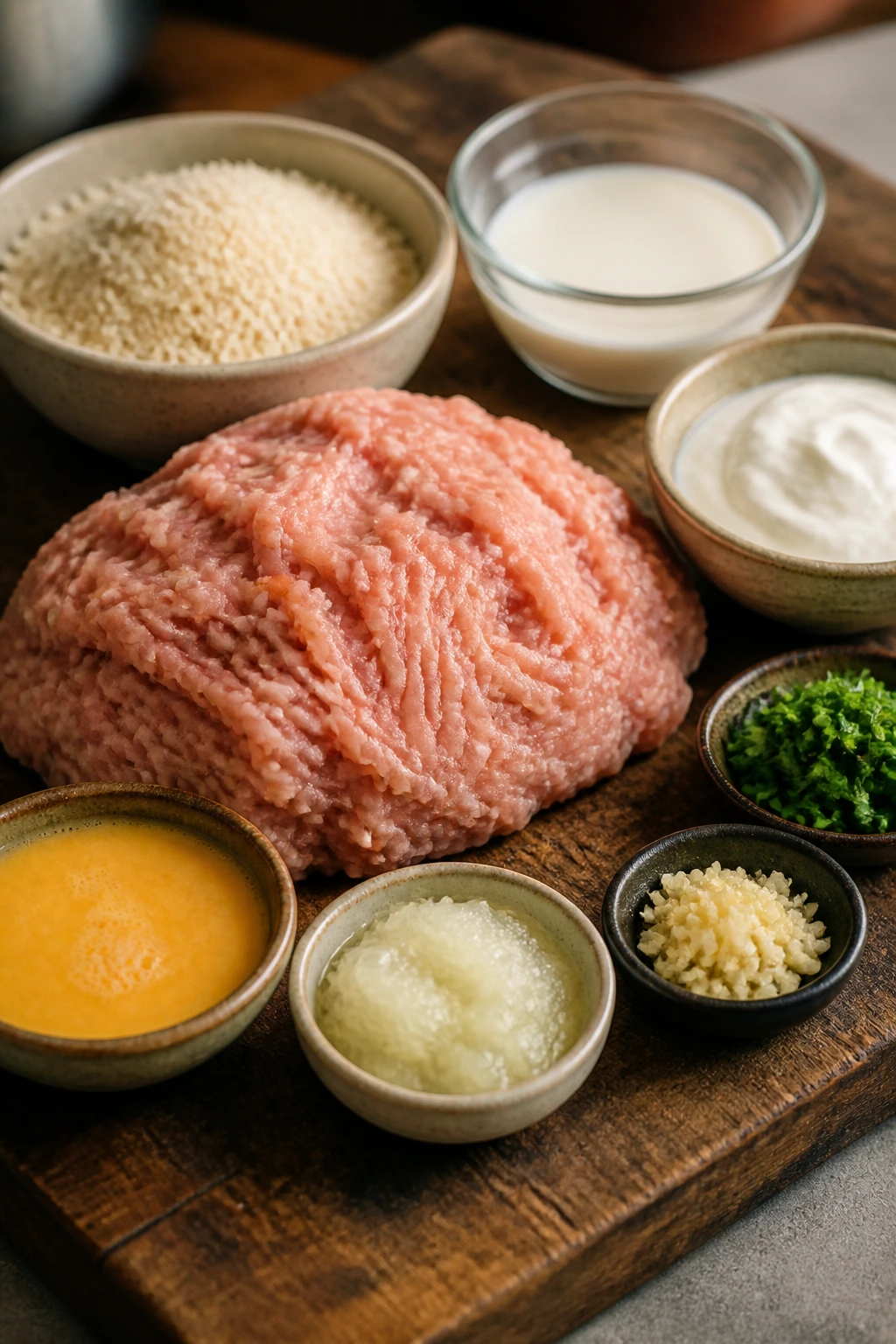 Key ingredients arranged for meatloaf recipe
