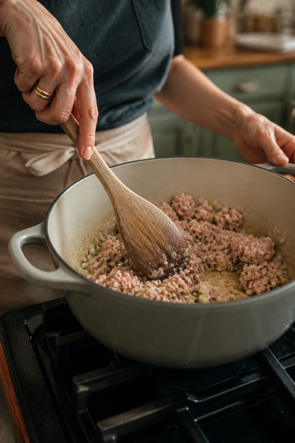 Close-up of hands browning turkey in a pot on a stove for quick steps