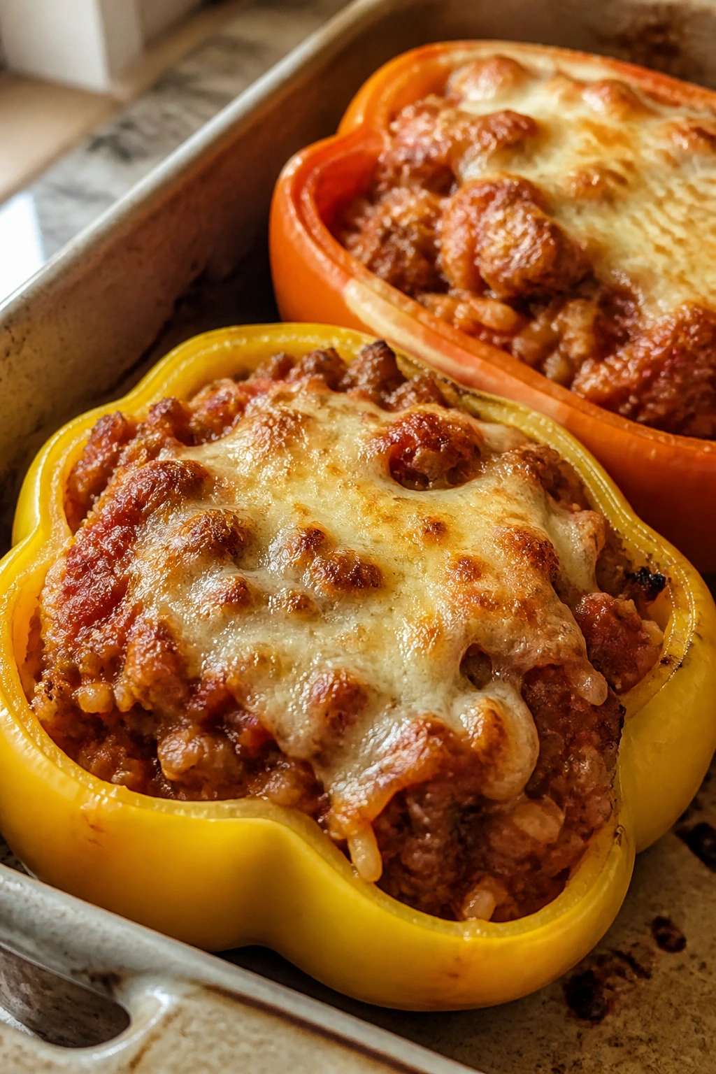 Cross-section of peppers stuffed with ground turkey, rice, tomato sauce and cheese