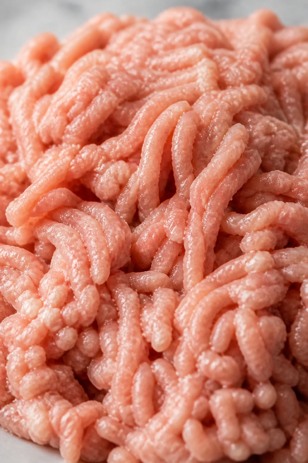 Close-up of ground turkey texture on a neutral surface