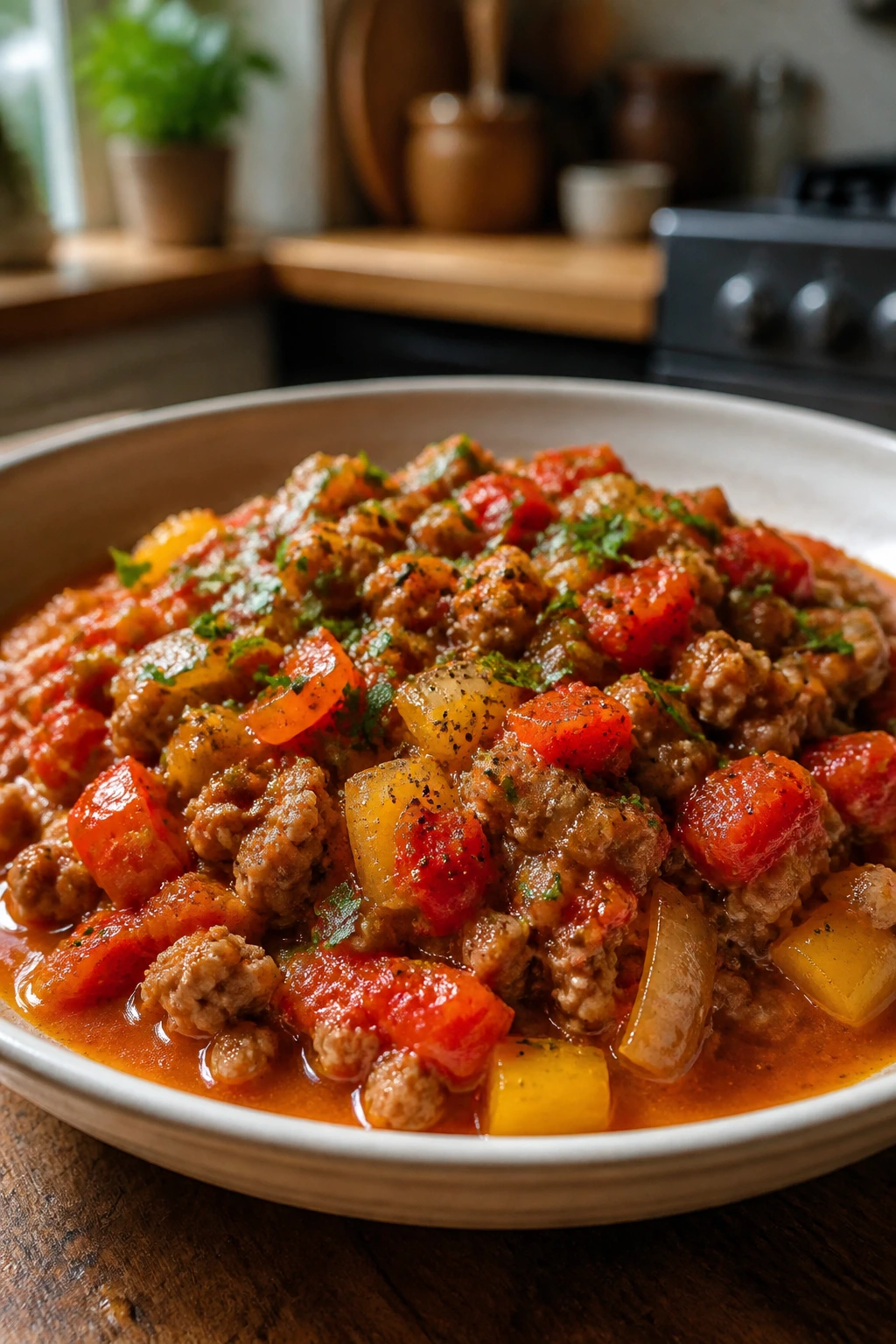 Close-up of finished ground turkey skillet plated with sauce and parsley