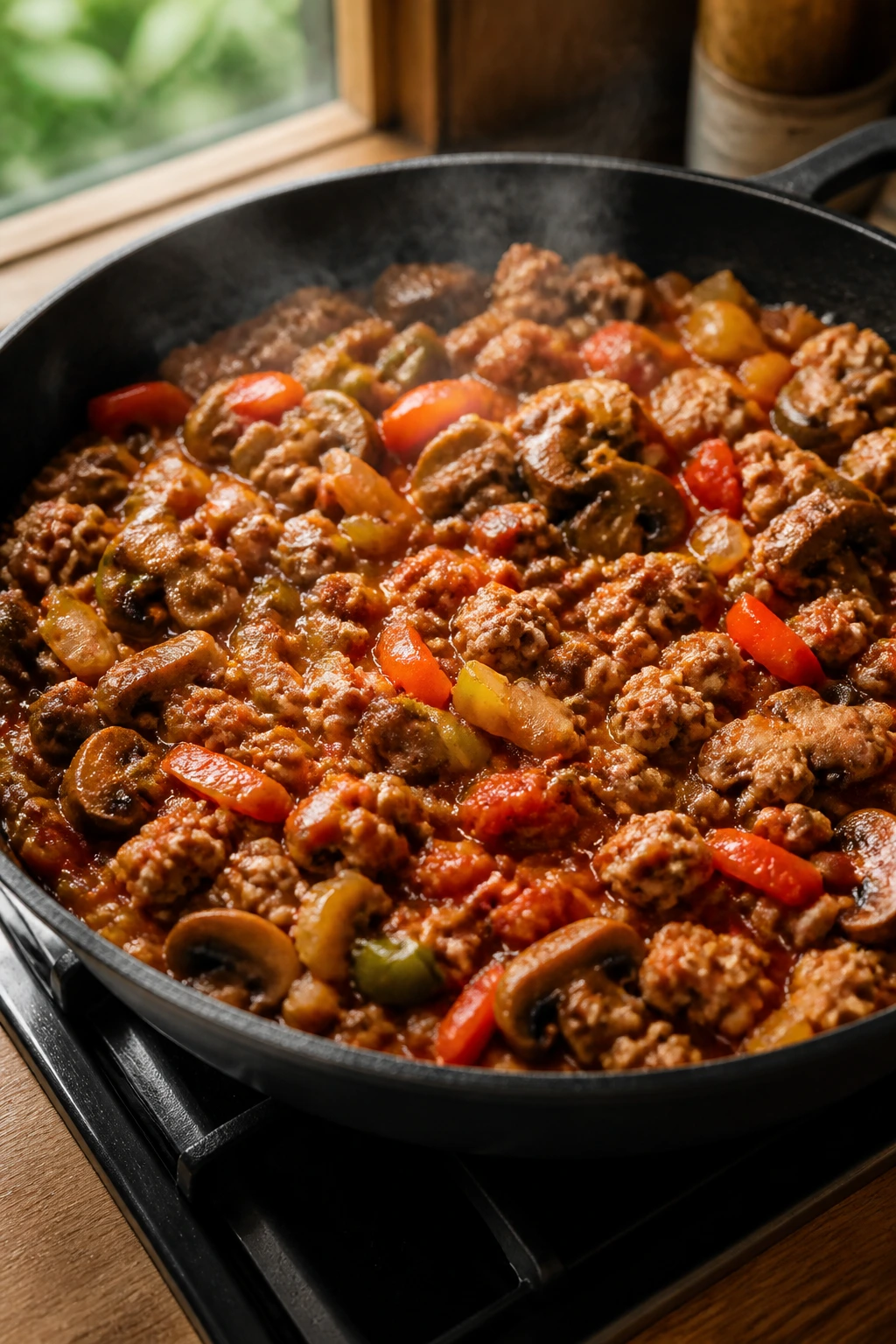 Close-up of browned ground turkey with onions and peppers in a skillet on a warm kitchen counter