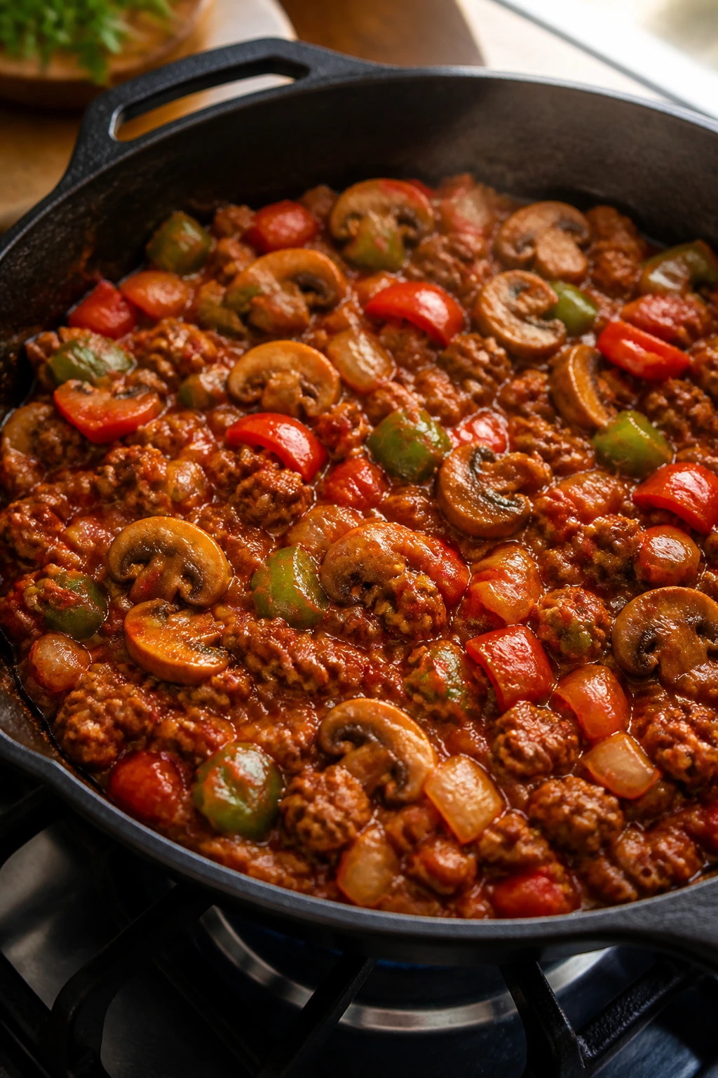 Close-up of a juicy ground turkey skillet with vegetables in a cast-iron pan on a stove