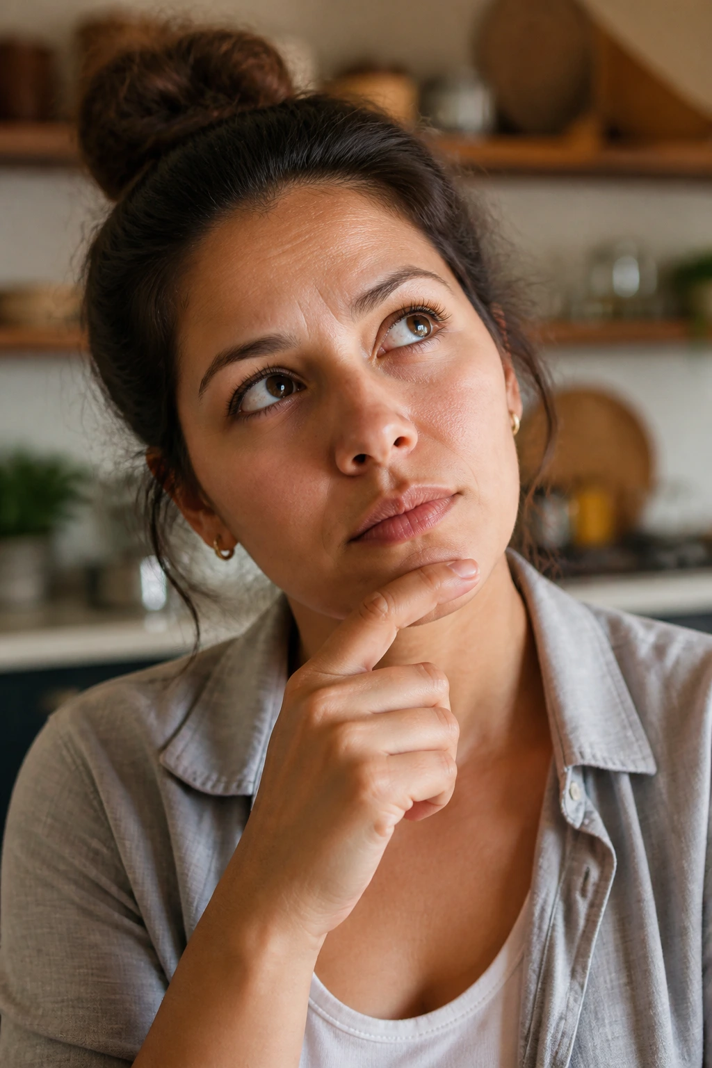 Portrait of a person thinking in a kitchen about turkey skillet