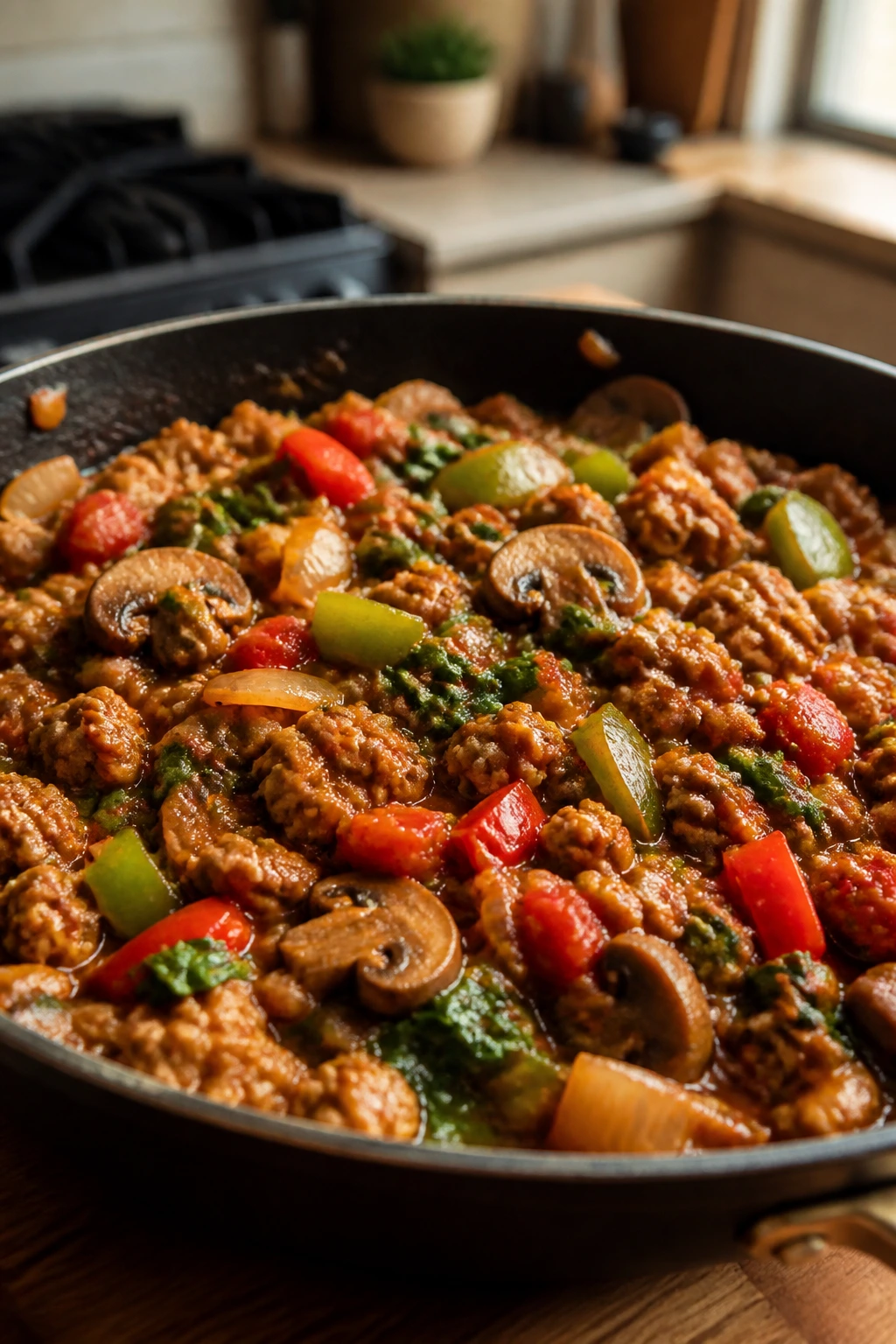 Close-up of a juicy ground turkey skillet with onions, mushrooms, peppers, and tomato sauce