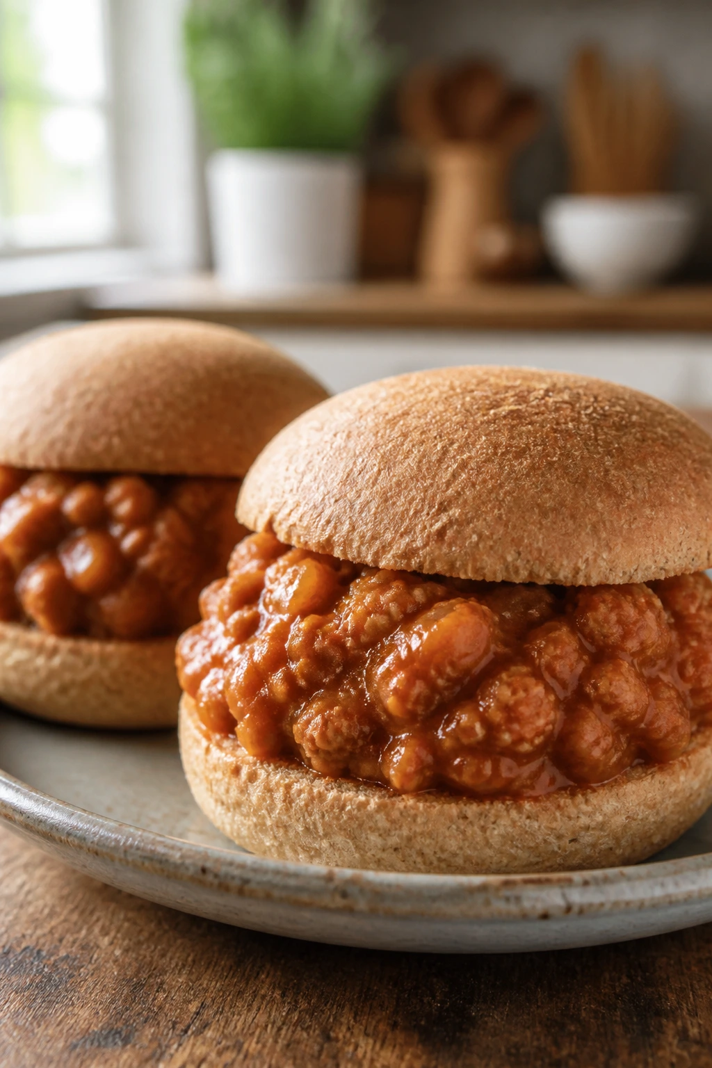 Close-up of ground turkey sloppy joes on whole-wheat buns on a rustic plate