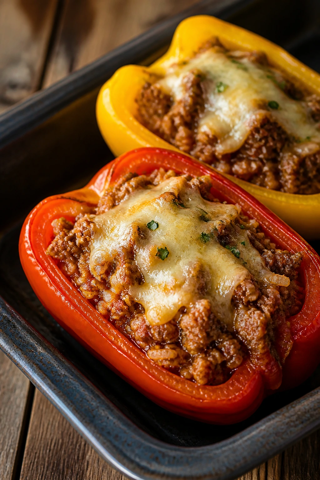 Stuffed peppers filled with ground turkey and rice in a baking dish