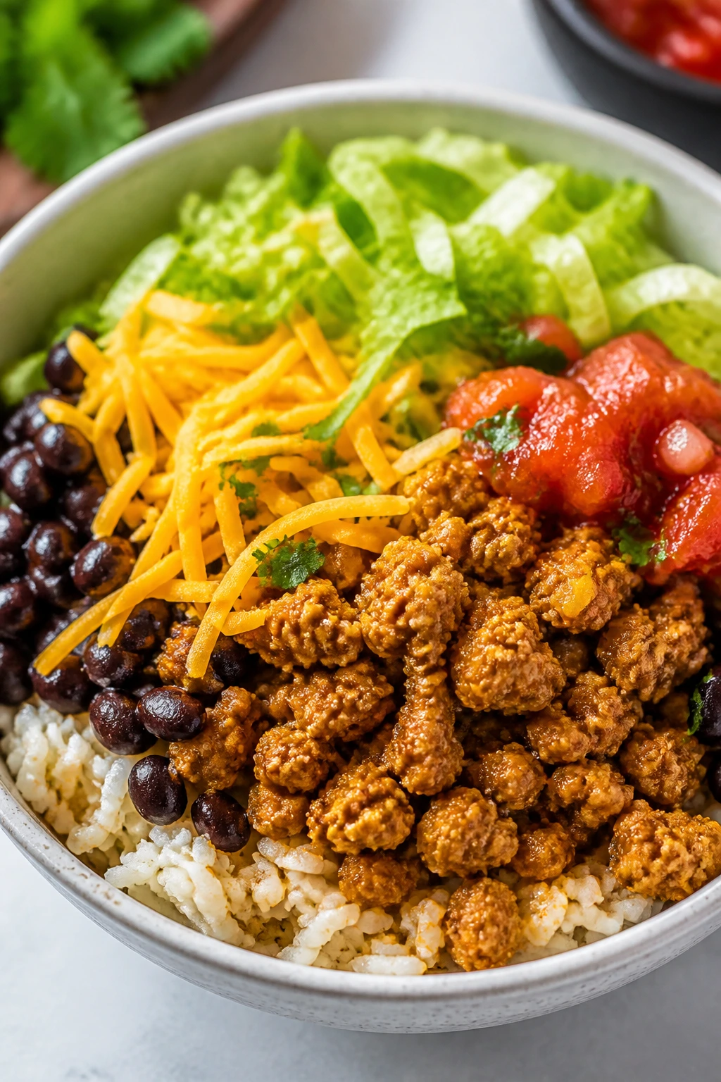 Bowl of ground turkey taco bowls with rice, beans, salsa and cheese