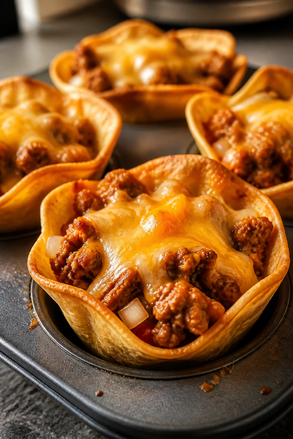Close-up of turkey taco cups in muffin tin with cheddar topping