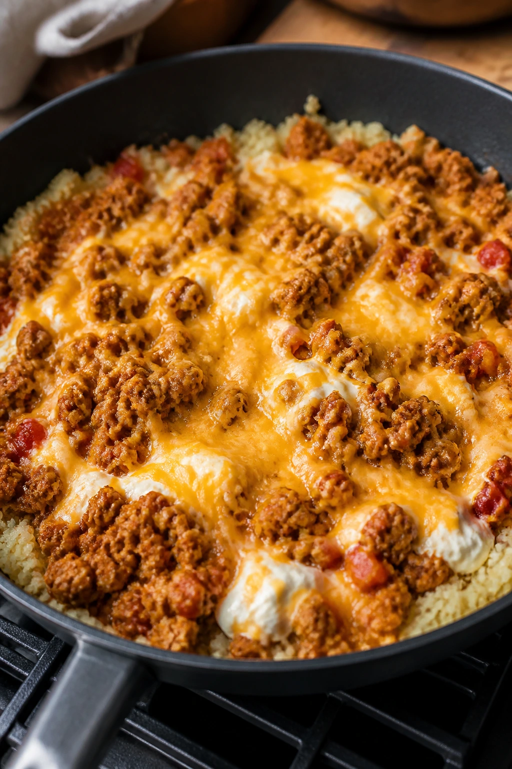 Close-up of ground turkey taco skillet with cream cheese and cheddar.