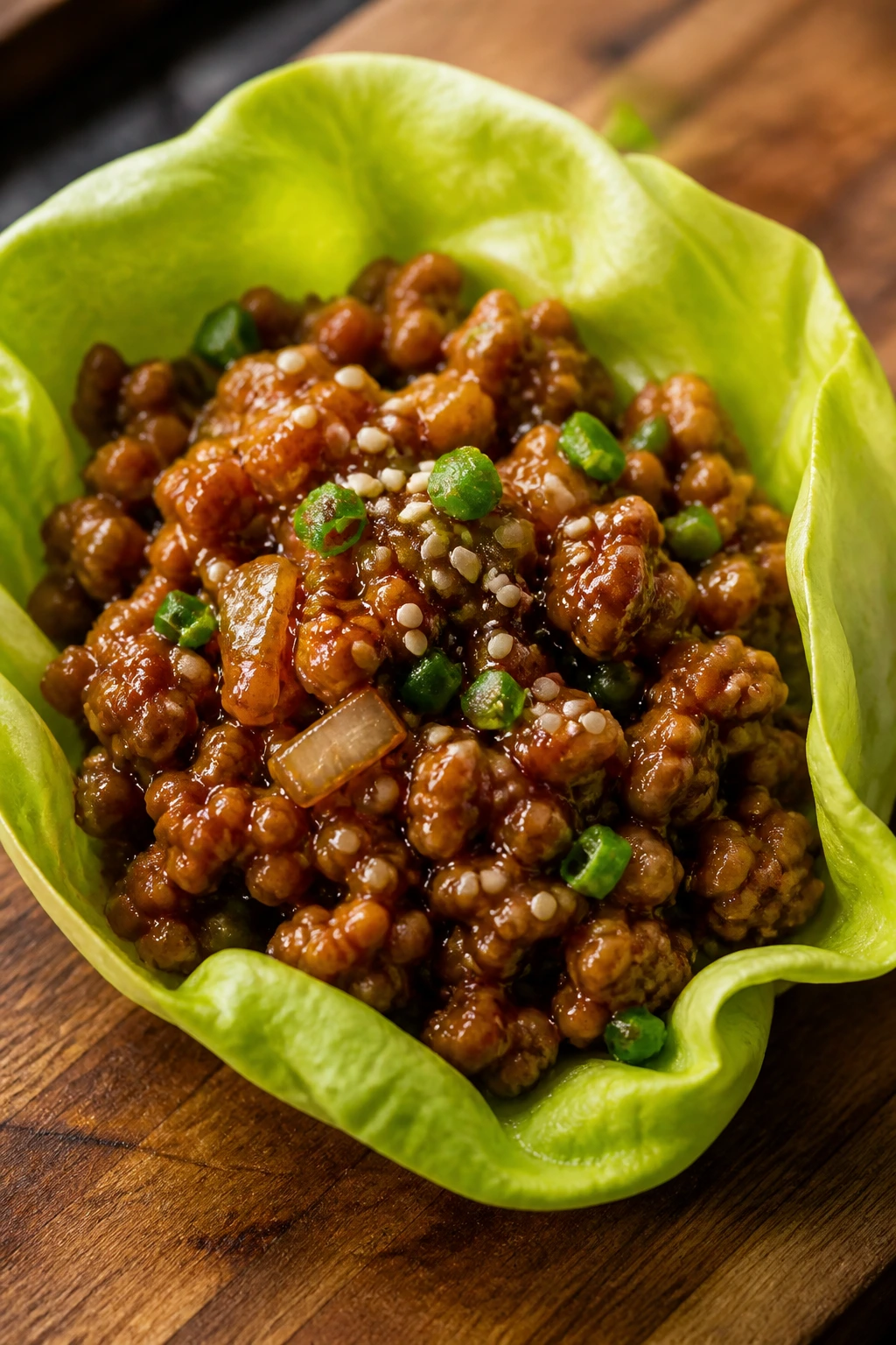 Lettuce leaf cup filled with glossy turkey teriyaki filling