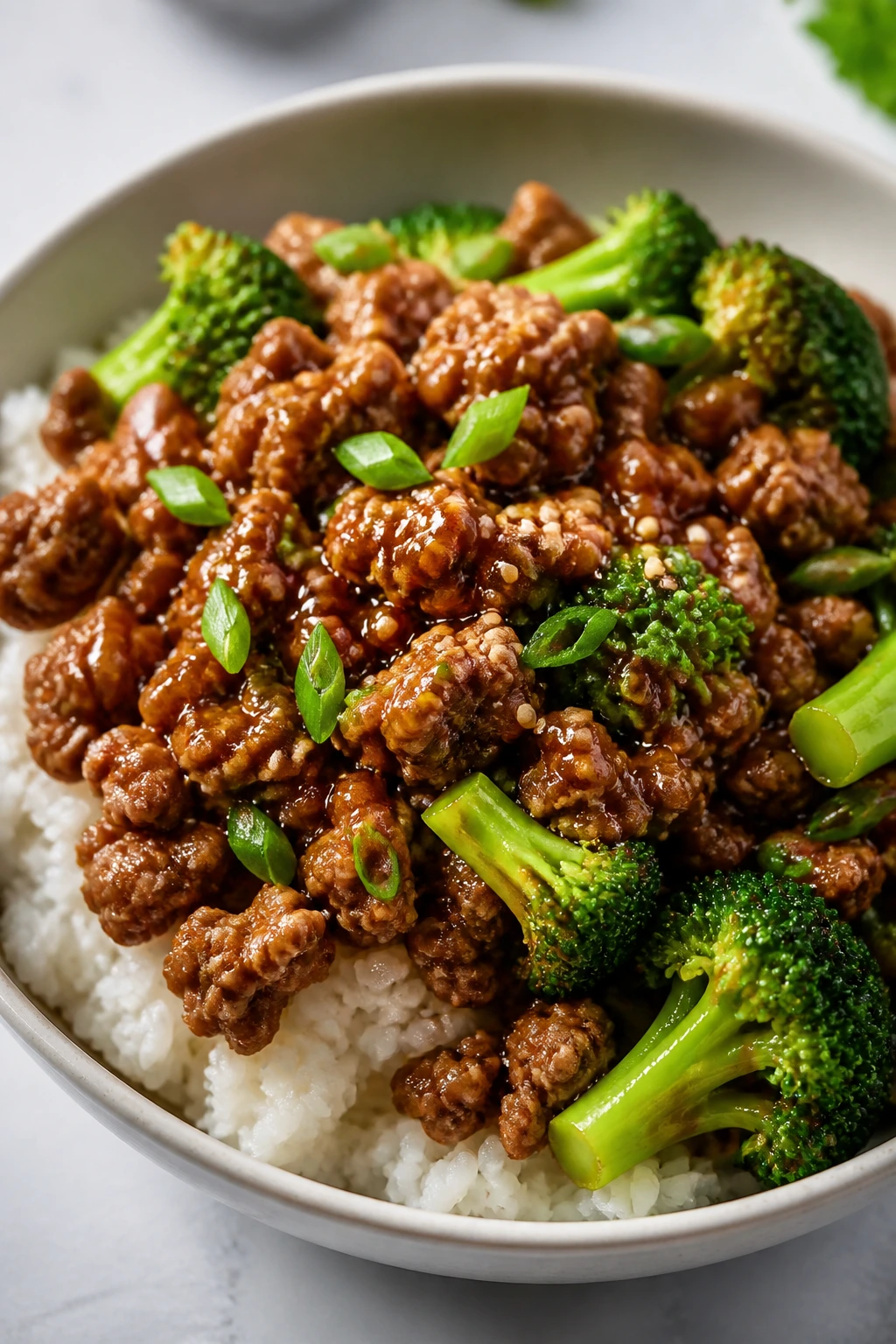 Ground turkey teriyaki over rice with broccoli in a glossy bowl.