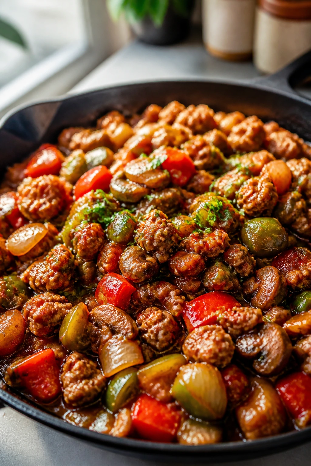 Glossy turkey skillet with onions peppers mushrooms in a skillet