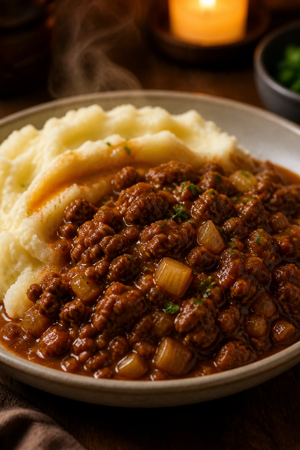 Close-up of a plated ground beef dish with sauce and mashed potatoes