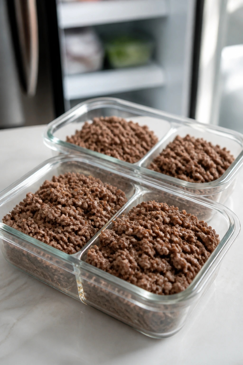 Close-up of glass containers with cooked ground beef for storage on a kitchen counter