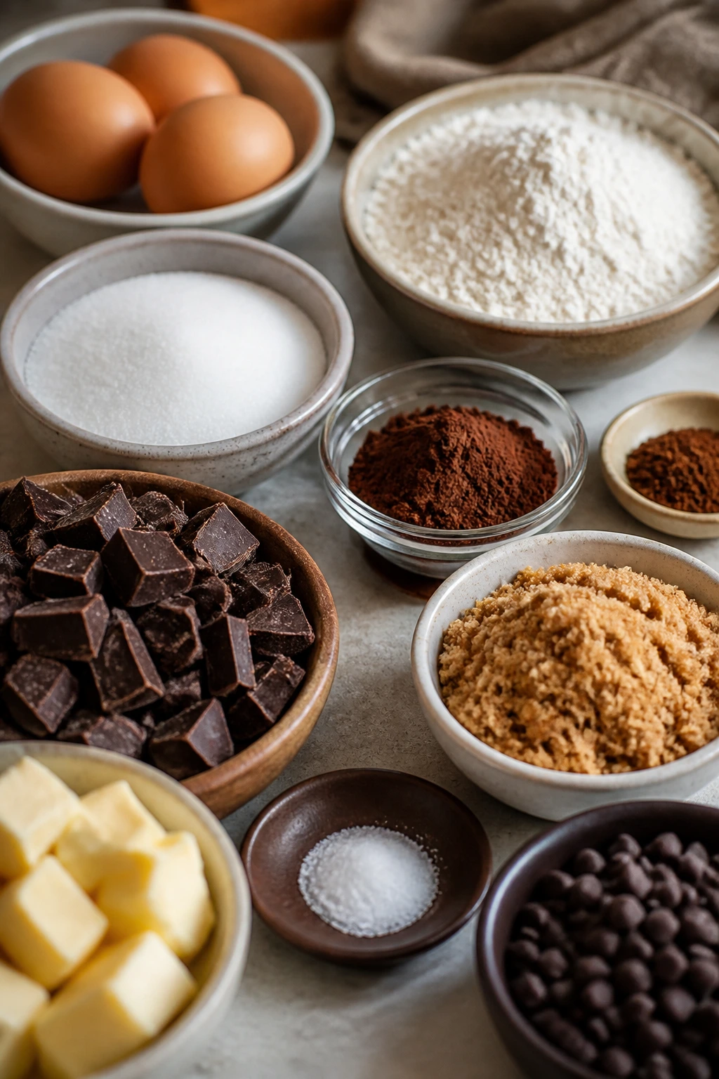 Macro shot of grouped brownie ingredients on a kitchen counter