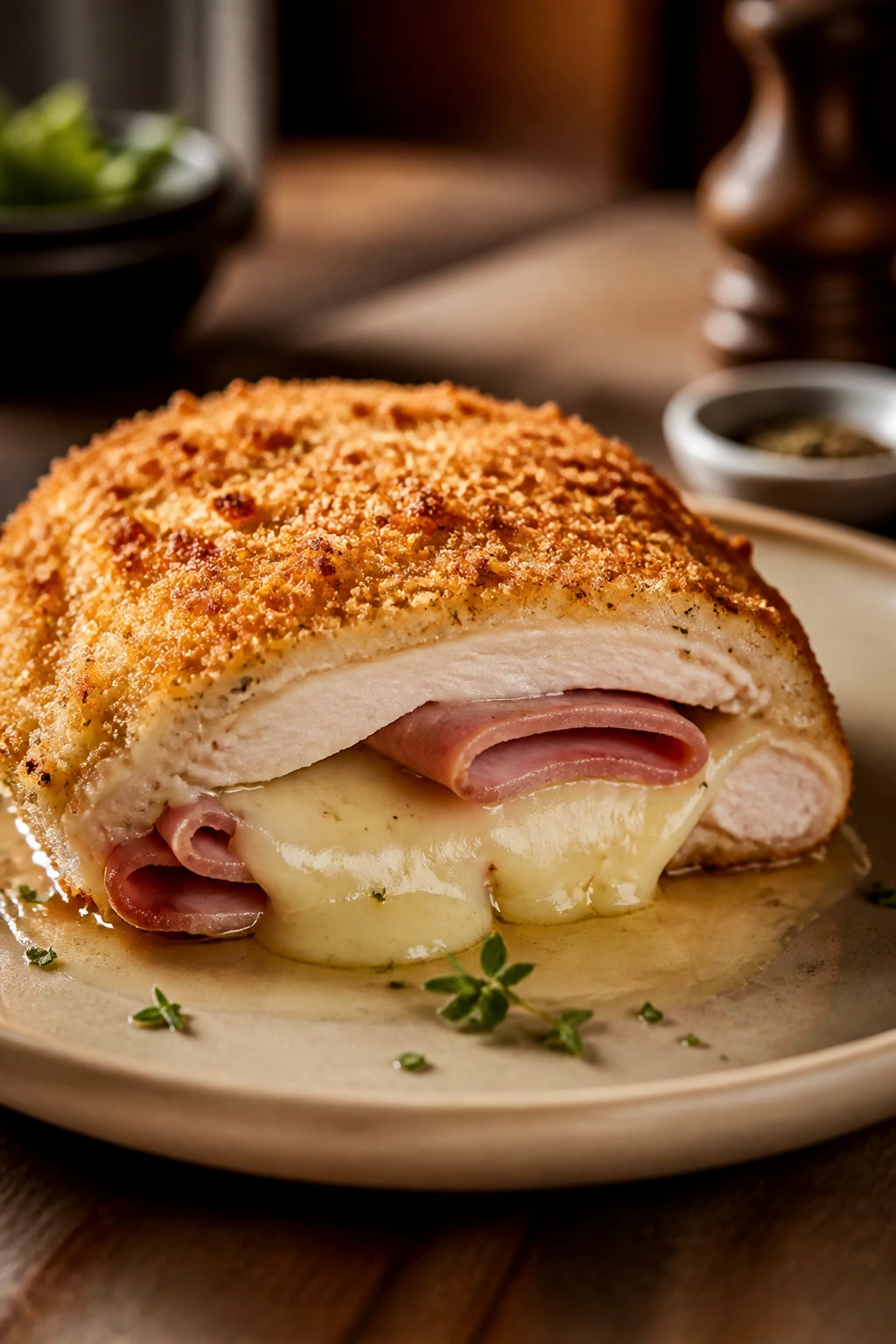Cordon bleu variation with Gruyère and ham plated nicely