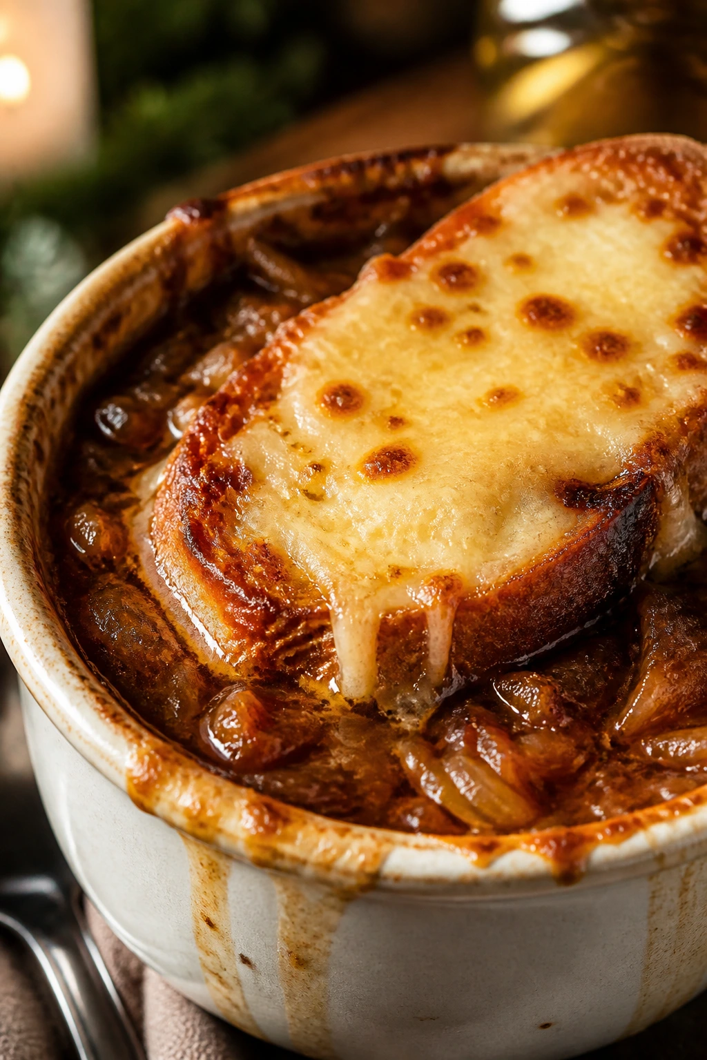 Close-up of French onion soup with Gruyère toast on top