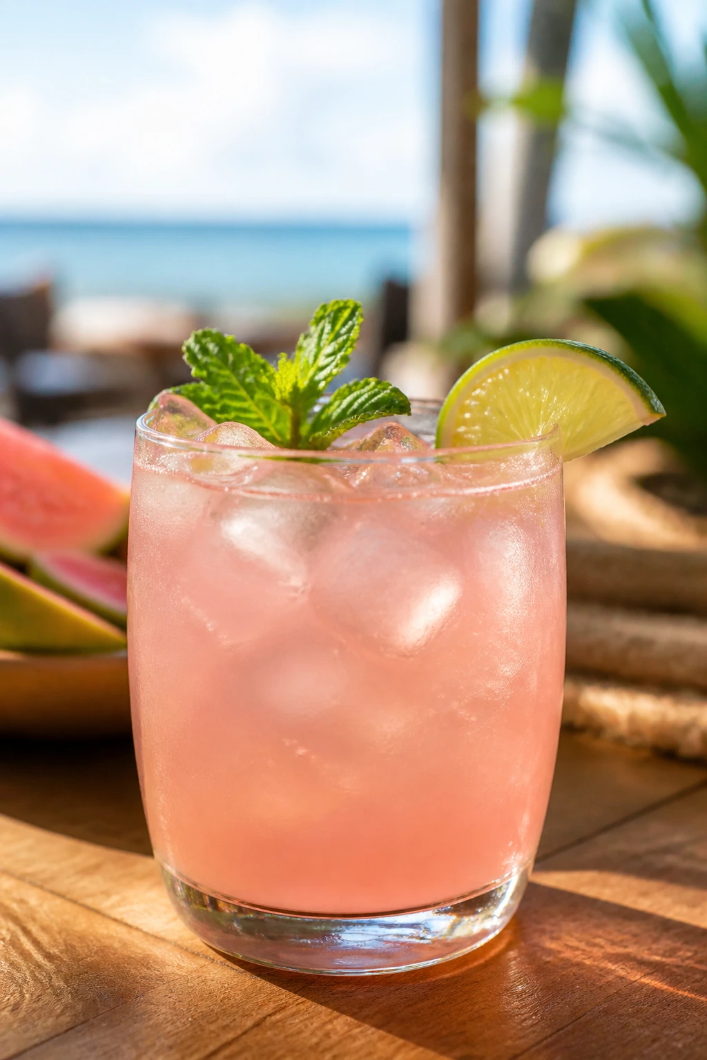 Close-up of Guava Coconut Soda in a glass with lime and mint garnish